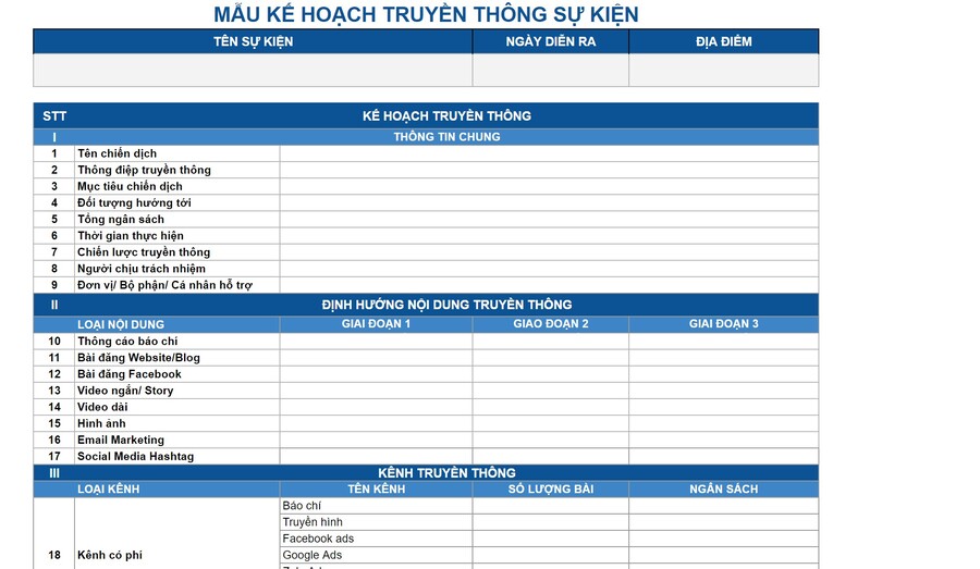 Mẫu template kế hoạch truyền thông sự kiện